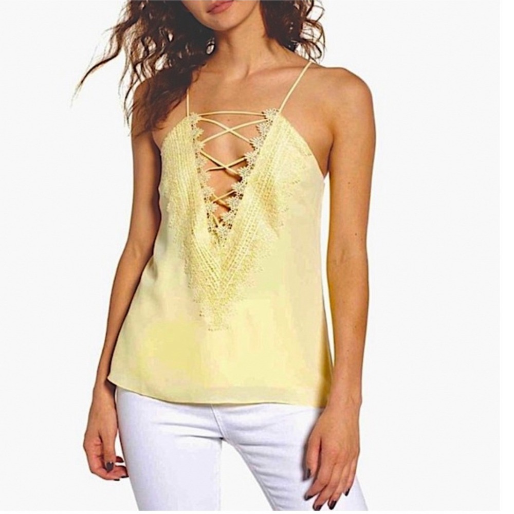 Wayf Women's Size Small Posie Yellow Lace Trim Strappy Tank Top Deep V-Neck
